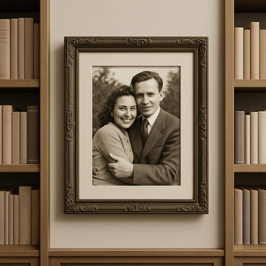 Ein Paar steht im Mittelpunkt eines Bildes, flankiert von Büchershuchten.