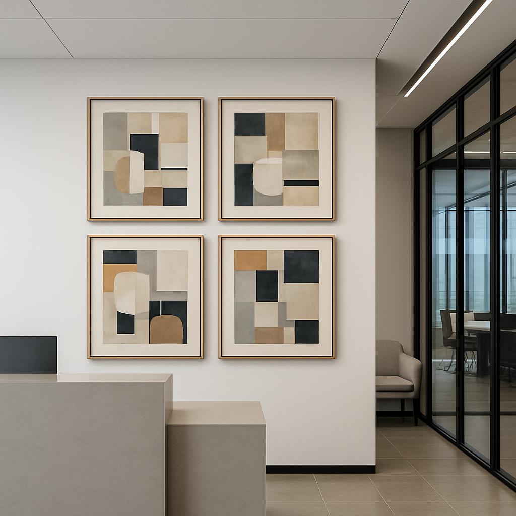 Modern, four-piece abstract collage on white wall in modern, beige white and black business office