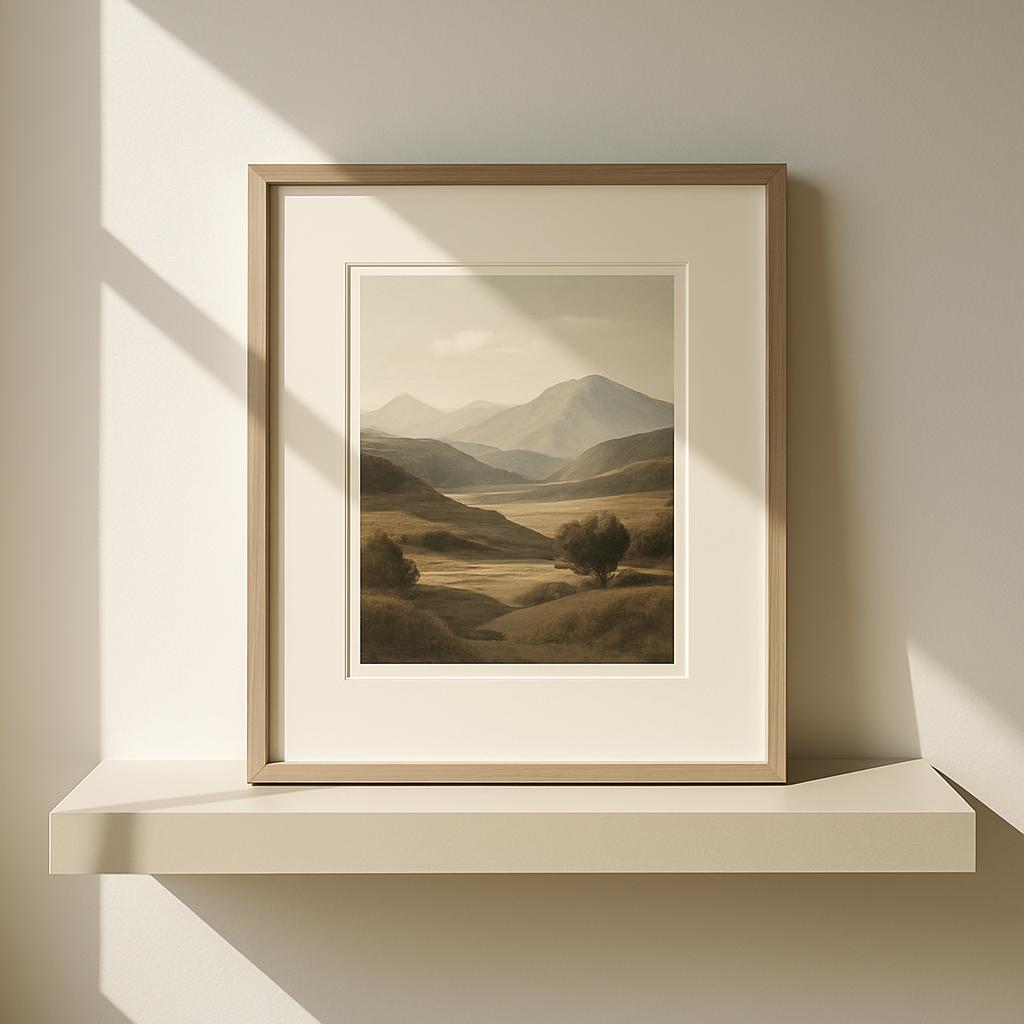 Deutsch (Framed Sepia Landscape Art Piece on Shelf with a Light Grey Wall and Sunbeams Illuminating the Frame)