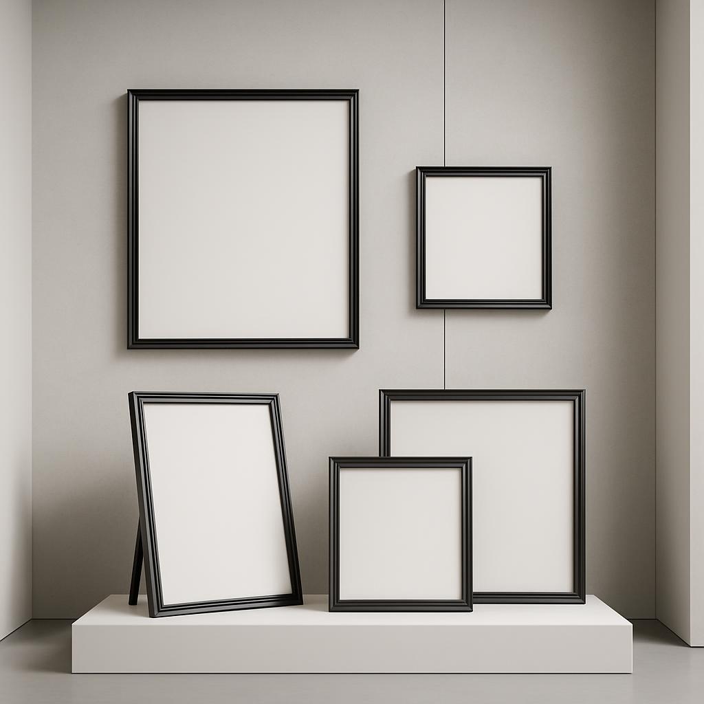 Gerahmte Bilder in verschiebtem Format, gepolstert, weiße Umrandung, bereit zum hängen, auf weißem Untergrund.